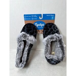 Floopi Slippers Womens S Small 5-6 Black Leopard Faux Fur Memory Foam 365 New